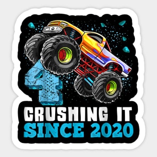 4 Crushing It Since 2020 Monster Truck 4th Birthday Gift Boy Sticker